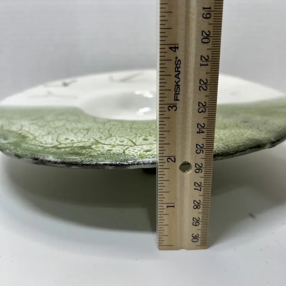 Studio Art Pottery Candle Holder Green White Lava Glaze Centerpiece Footed Sign